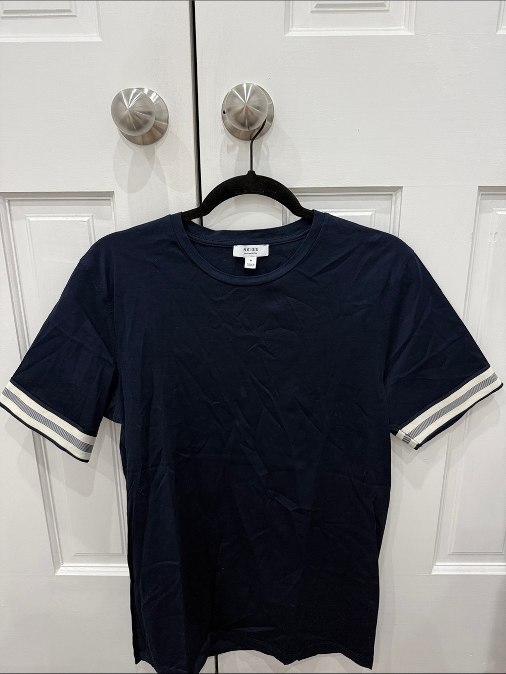 REISS Navy Short-Sleeve Tee with White Stripe Sleeve Detail